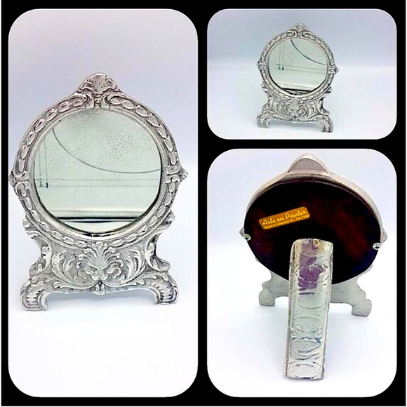 Vintage Pewter mirror / Vanity mirror / Pewter frame Hand crafted Vintage - Picture 10 of 15